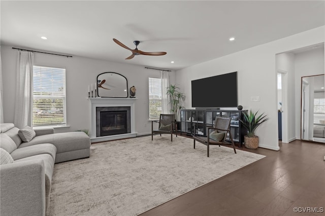 10109 Hollythorne Ln, Mechanicsville, VA 23116 - living room with a ceiling fan, recessed lighting, a glass covered fireplace, and wood finished floors