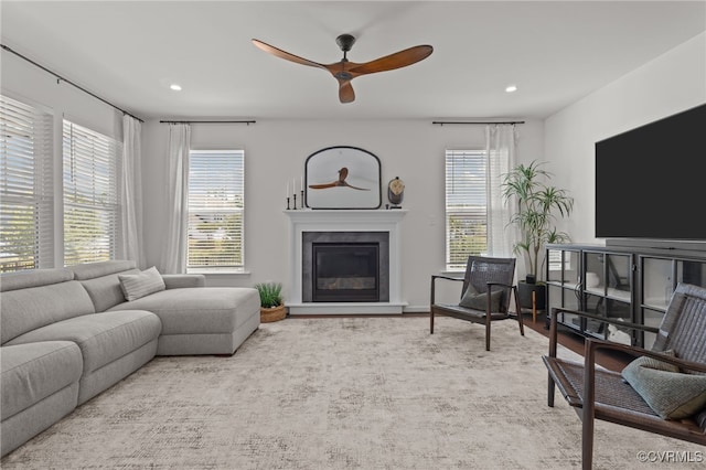 10109 Hollythorne Ln, Mechanicsville, VA 23116 - living area with a ceiling fan, a glass covered fireplace, and recessed lighting