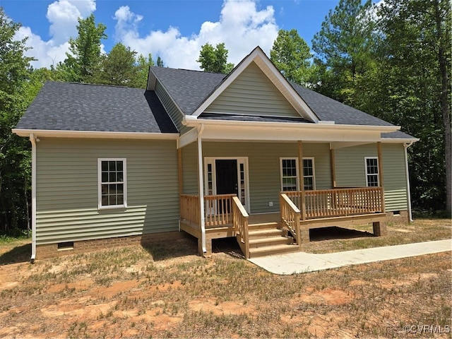 423 Bradshaw Rd, Rice, VA 23966 - view of front facade featuring crawl space, a shingled roof, and covered porch