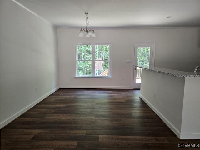 423 Bradshaw Rd, Rice, VA 23966 - unfurnished dining area featuring crown molding, a chandelier, and dark wood-style flooring
