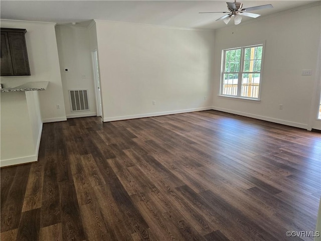 423 Bradshaw Rd, Rice, VA 23966 - unfurnished living room with crown molding, ceiling fan, and dark wood-style floors
