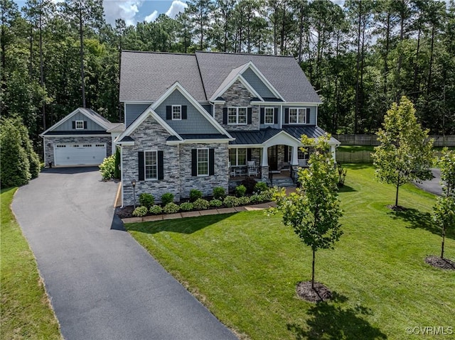 5025 Ellis Meadows Ct, Glen Allen, VA 23059 - craftsman inspired home featuring stone siding, a porch, an outbuilding, a garage, and a front yard
