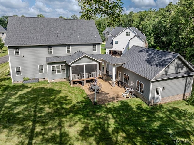 5025 Ellis Meadows Ct, Glen Allen, VA 23059 - back of house featuring a sunroom, a patio area, a yard, and a shingled roof