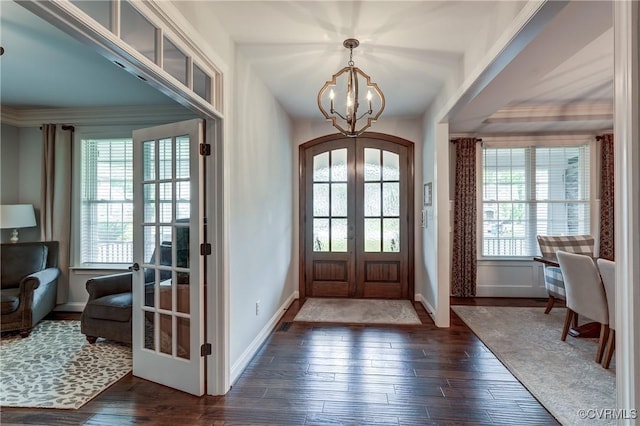 5025 Ellis Meadows Ct, Glen Allen, VA 23059 - foyer with french doors, plenty of natural light, a chandelier, and dark wood finished floors