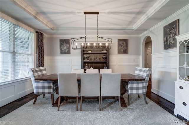 5025 Ellis Meadows Ct, Glen Allen, VA 23059 - dining area with a decorative wall, wood finished floors, a raised ceiling, healthy amount of natural light, and crown molding