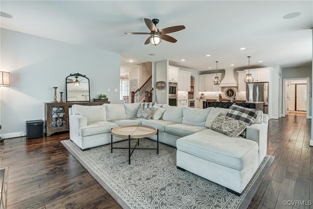 5025 Ellis Meadows Ct, Glen Allen, VA 23059 - living room featuring ceiling fan, dark wood-style floors, stairway, and recessed lighting