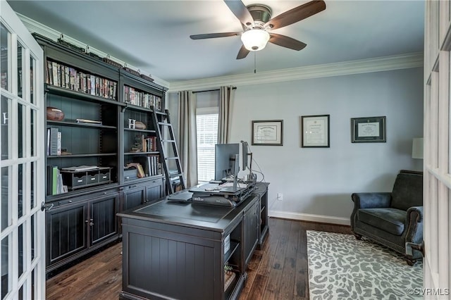 5025 Ellis Meadows Ct, Glen Allen, VA 23059 - office featuring ornamental molding, a ceiling fan, and dark wood finished floors