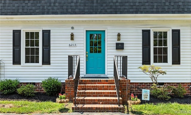 6213 Monument Ave, Richmond, VA 23226 - property entrance featuring roof with shingles and crawl space