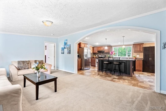 4627 Powhatan Lakes Rd Unit B, Powhatan, VA 23139 - living room featuring arched walkways, light colored carpet, ornamental molding, and a textured ceiling