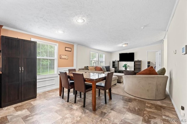 4627 Powhatan Lakes Rd Unit B, Powhatan, VA 23139 - dining area featuring a textured ceiling, ornamental molding, stone finish flooring, and vaulted ceiling
