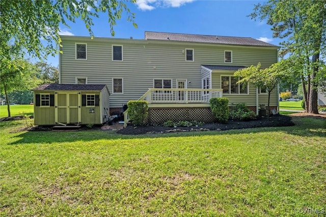 7906 Belmont Stakes Dr, Midlothian, VA 23112 - back of property featuring a storage shed, a deck, and a lawn