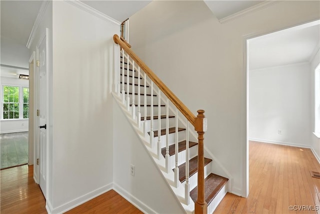 11918 Hazelnut Branch Ter, Midlothian, VA 23112 - staircase with hardwood / wood-style flooring and crown molding