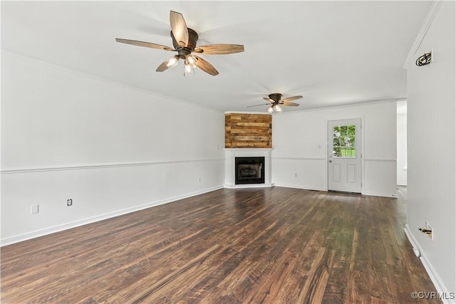11918 Hazelnut Branch Ter, Midlothian, VA 23112 - unfurnished living room featuring ceiling fan, ornamental molding, wood finished floors, and a fireplace with raised hearth