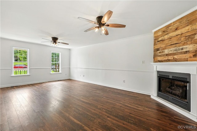 11918 Hazelnut Branch Ter, Midlothian, VA 23112 - unfurnished living room with a glass covered fireplace, ceiling fan, dark wood-style flooring, and crown molding