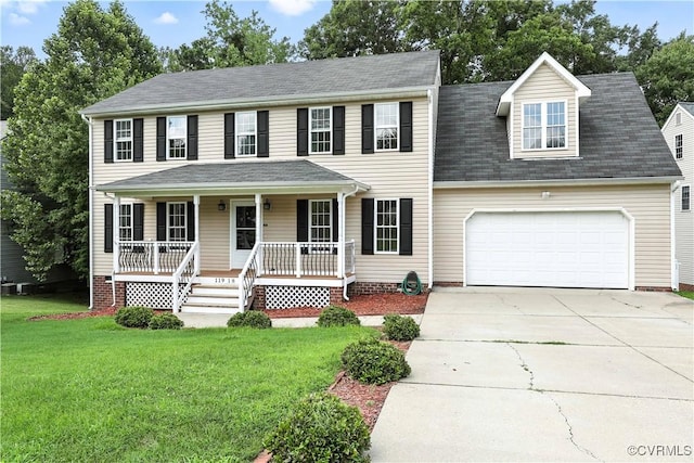 11918 Hazelnut Branch Ter, Midlothian, VA 23112 - colonial house with covered porch, a front lawn, concrete driveway, a garage, and roof with shingles