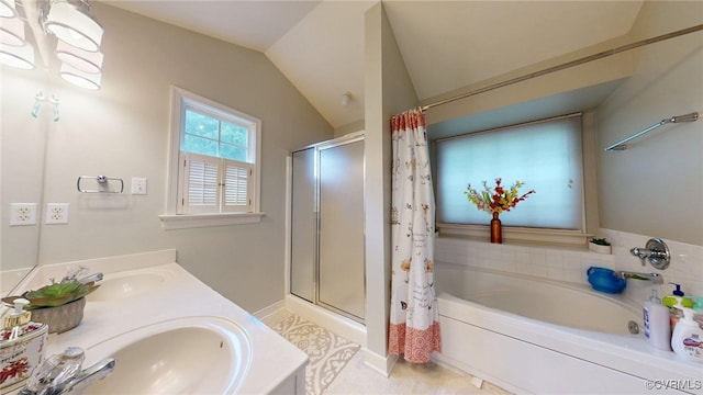 2024 Rockstone Pl, Henrico, VA 23238 - bathroom featuring a stall shower, a garden tub, double vanity, and vaulted ceiling