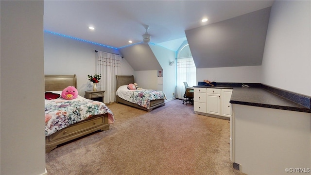 2024 Rockstone Pl, Henrico, VA 23238 - bedroom with light colored carpet, vaulted ceiling, recessed lighting, and a ceiling fan