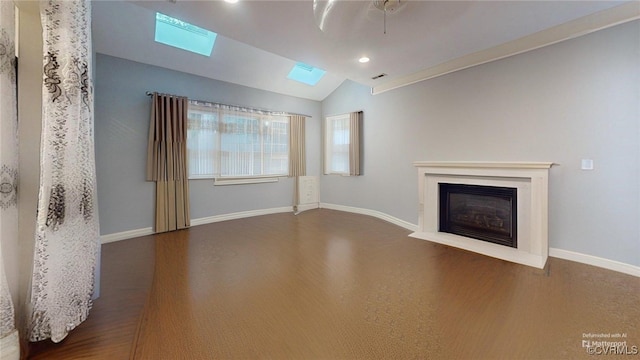 2024 Rockstone Pl, Henrico, VA 23238 - unfurnished living room with a skylight, a fireplace with flush hearth, vaulted ceiling, and recessed lighting
