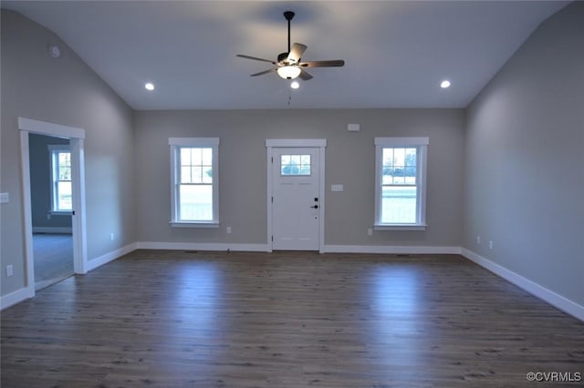 5102 Front Dr, North Dinwiddie, VA 23803 - foyer entrance with ceiling fan, dark wood-type flooring, recessed lighting, and vaulted ceiling