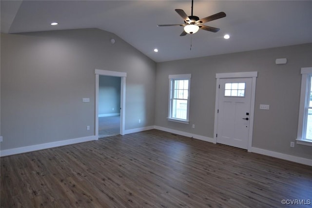 5102 Front Dr, North Dinwiddie, VA 23803 - entrance foyer with a ceiling fan, dark wood finished floors, vaulted ceiling, and recessed lighting