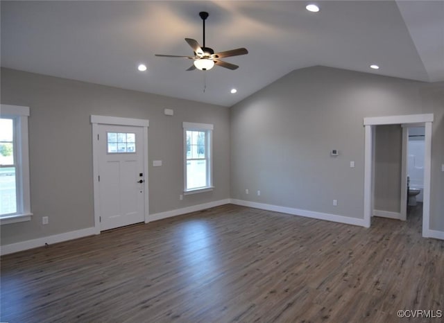 5104 Front Dr, North Dinwiddie, VA 23803 - unfurnished living room featuring ceiling fan, wood finished floors, vaulted ceiling, and recessed lighting