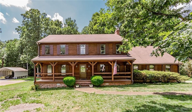 4320 Dunraven Rd, Chesterfield, VA 23236 - view of front of property featuring a detached carport, covered porch, a front yard, and a chimney