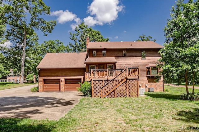 4320 Dunraven Rd, Chesterfield, VA 23236 - chalet / cabin with a wooden deck, concrete driveway, a front lawn, stairway, and an attached garage
