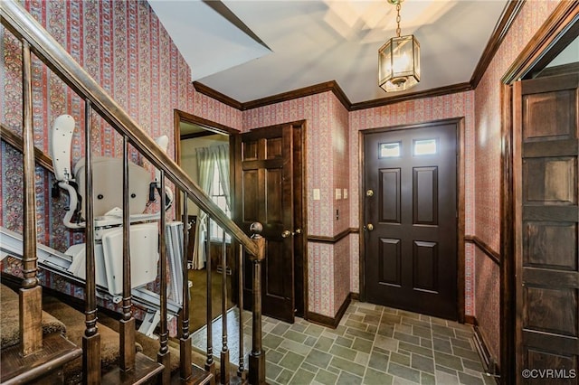 4320 Dunraven Rd, Chesterfield, VA 23236 - foyer entrance featuring wallpapered walls, stairs, ornamental molding, and brick patterned floors