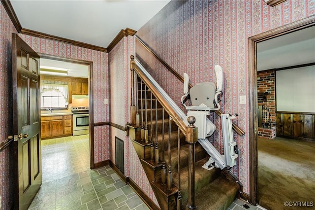 4320 Dunraven Rd, Chesterfield, VA 23236 - staircase featuring wallpapered walls and crown molding