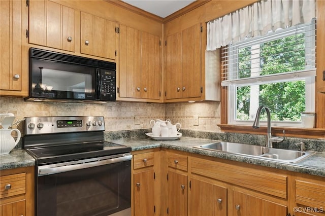 3000 Cove Ridge Rd, Midlothian, VA 23112 - kitchen with black microwave, stainless steel range with electric stovetop, tasteful backsplash, and dark countertops