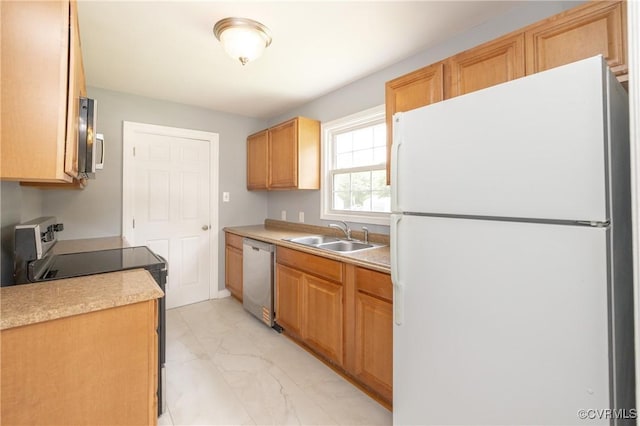 6500 W Grace St, Henrico, VA 23226 - kitchen featuring freestanding refrigerator, dishwasher, black / electric stove, light marble finish floors, and light countertops