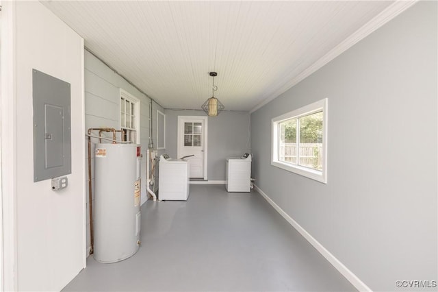 6500 W Grace St, Henrico, VA 23226 - interior space with electric water heater, electric panel, washer / clothes dryer, ornamental molding, and wooden ceiling