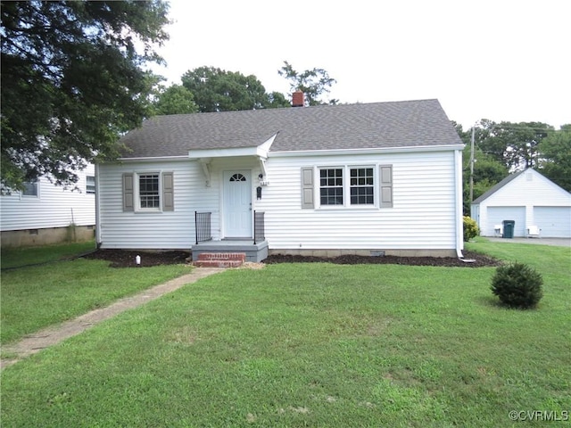 6500 W Grace St, Henrico, VA 23226 - view of front of home with a front yard, a detached garage, roof with shingles, and a chimney
