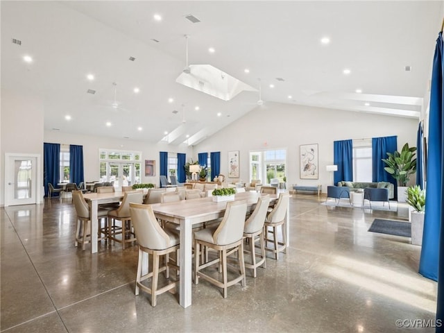 6001 Banyan Ln, Chesterfield, VA 23234 - dining room featuring high vaulted ceiling, recessed lighting, french doors, and ceiling fan