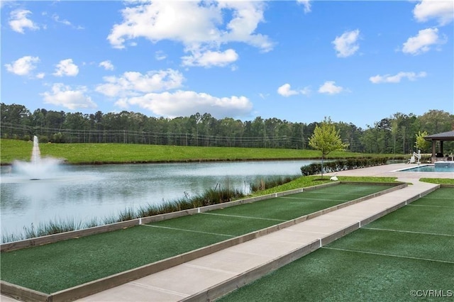 15800 Hallowell Rdg Unit 204, Moseley, VA 23120 - view of property's community with a water view, a bocce ball area, a view of trees, and a swimming pool