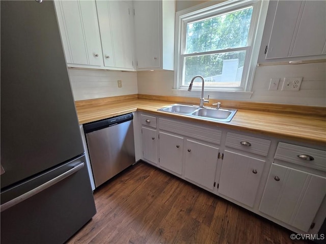 11220 Sunfield Dr, Midlothian, VA 23112 - kitchen with stainless steel appliances, dark wood finished floors, wood counters, and white cabinetry