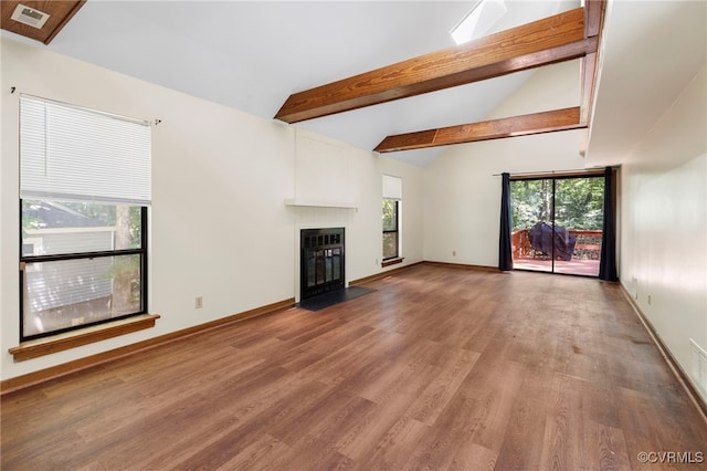 1453 Lockett Ridge Rd, Midlothian, VA 23114 - unfurnished living room with beamed ceiling, wood finished floors, a fireplace with flush hearth, and high vaulted ceiling