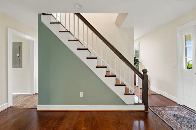 3167 Trenholm Rd, Powhatan, VA 23139 - stairs with electric panel, wood-type flooring, and healthy amount of natural light