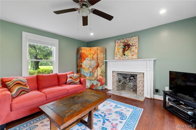 3167 Trenholm Rd, Powhatan, VA 23139 - living room featuring wood finished floors, a ceiling fan, recessed lighting, and a fireplace