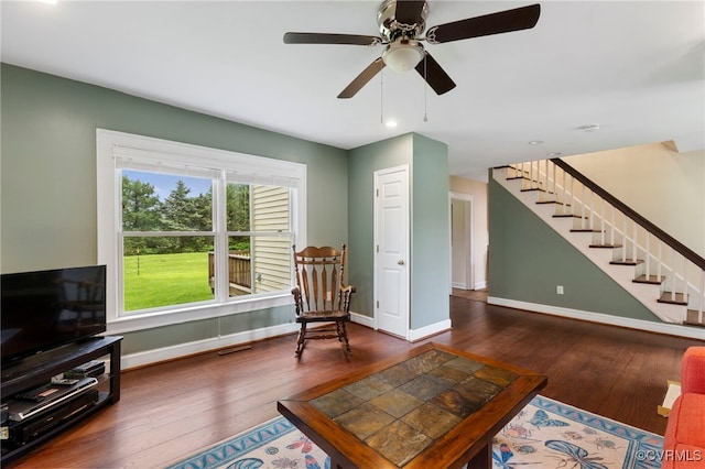 3167 Trenholm Rd, Powhatan, VA 23139 - living area with stairs, wood-type flooring, and a ceiling fan