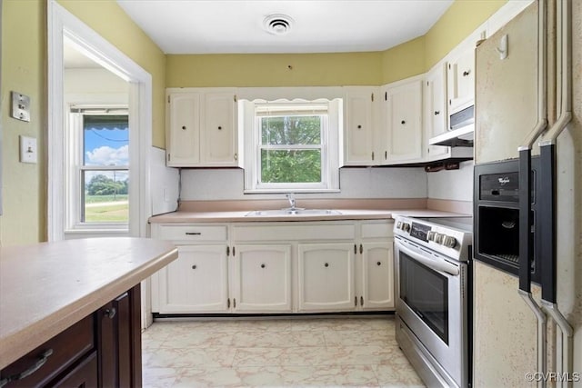 1415 New Market Rd 1411, Henrico, VA 23231 - kitchen featuring stainless steel range with electric cooktop, white cabinets, light countertops, extractor fan, and light marble finish flooring