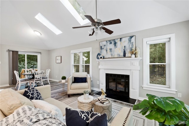 14408 Woods Walk Ct, Midlothian, VA 23112 - living area featuring wood finished floors, a skylight, plenty of natural light, a glass covered fireplace, and high vaulted ceiling