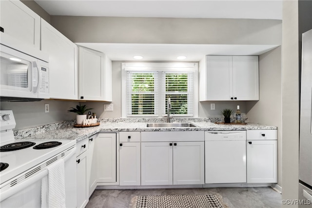 14408 Woods Walk Ct, Midlothian, VA 23112 - kitchen with white appliances, white cabinets, and light stone countertops