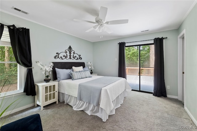 14408 Woods Walk Ct, Midlothian, VA 23112 - bedroom featuring access to exterior, crown molding, carpet floors, and ceiling fan