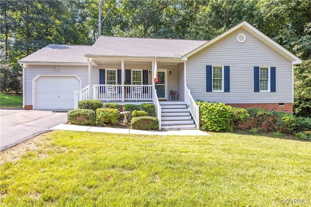 8811 S Boones Trail Rd, North Chesterfield, VA 23236 - ranch-style house featuring covered porch, an attached garage, concrete driveway, a front lawn, and stairs