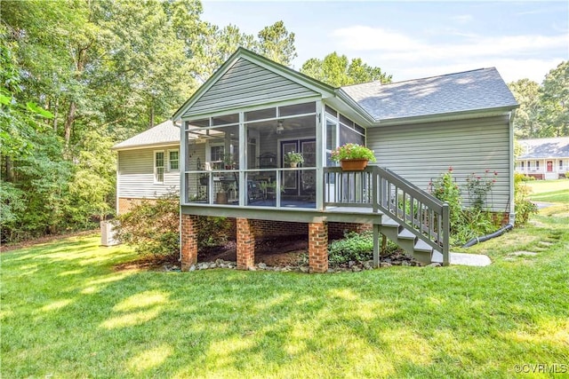 8811 S Boones Trail Rd, North Chesterfield, VA 23236 - rear view of house with a lawn, a shingled roof, and a sunroom