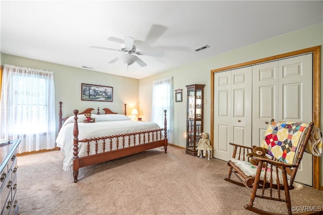 8811 S Boones Trail Rd, North Chesterfield, VA 23236 - bedroom featuring light colored carpet, a closet, and ceiling fan