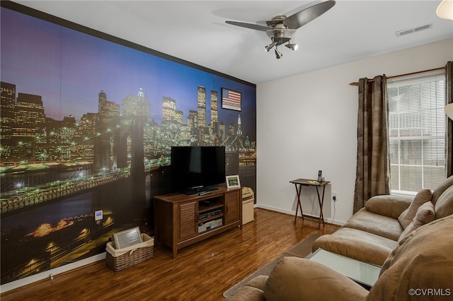 4055 Tanner Slip Cir, Chester, VA 23831 - living room featuring ceiling fan, wood finished floors, and a city view