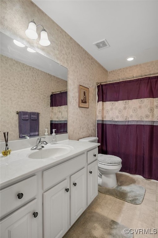 4055 Tanner Slip Cir, Chester, VA 23831 - bathroom with wallpapered walls, vanity, tile patterned flooring, and a shower with shower curtain