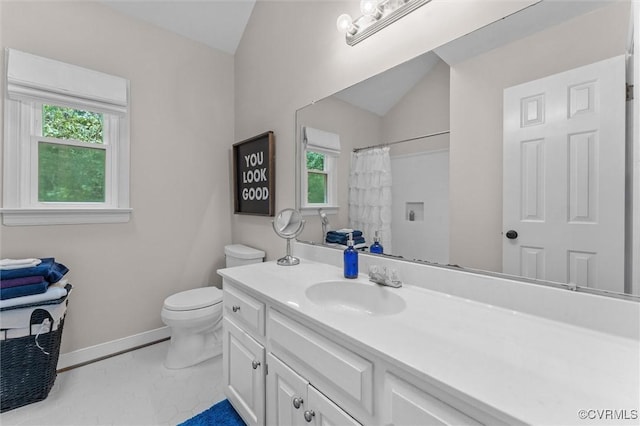 6003 Lansgate Rd, Midlothian, VA 23112 - full bathroom with vanity, plenty of natural light, vaulted ceiling, and a shower with shower curtain